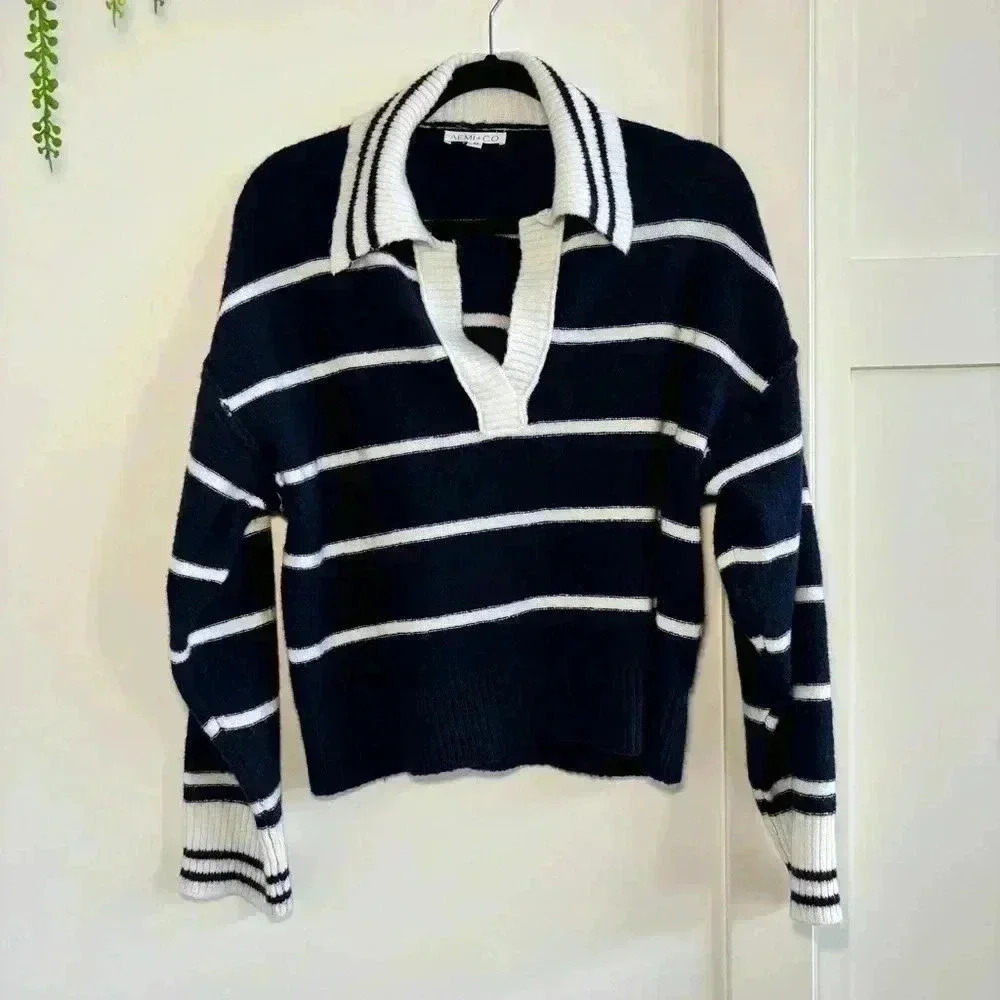 AEMI + CO Nautical Collared Women’s Navy & White Striped Sweater Size Medium